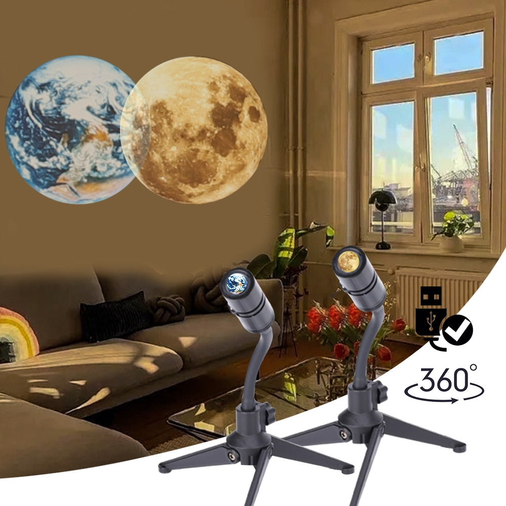 Starry Projector 2 In 1Moon Earth Projector Lamp 360° Rotatable Bracket USB Rechargeable Led Night Light Planet Projection Lamp